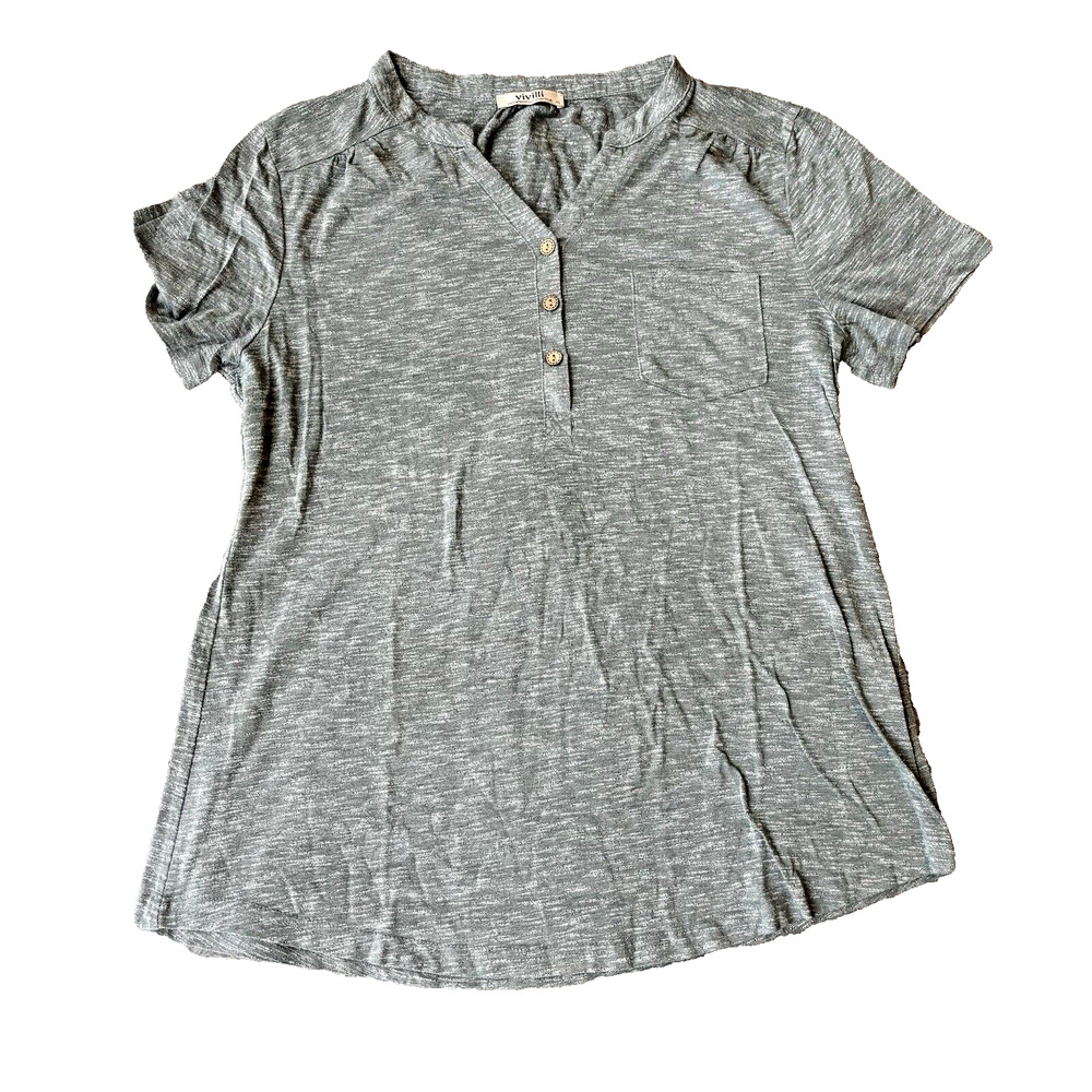 Vivilli Top Sz XL Light Blue Heathered Short Sleeve V Neck Buttons Casual Basic